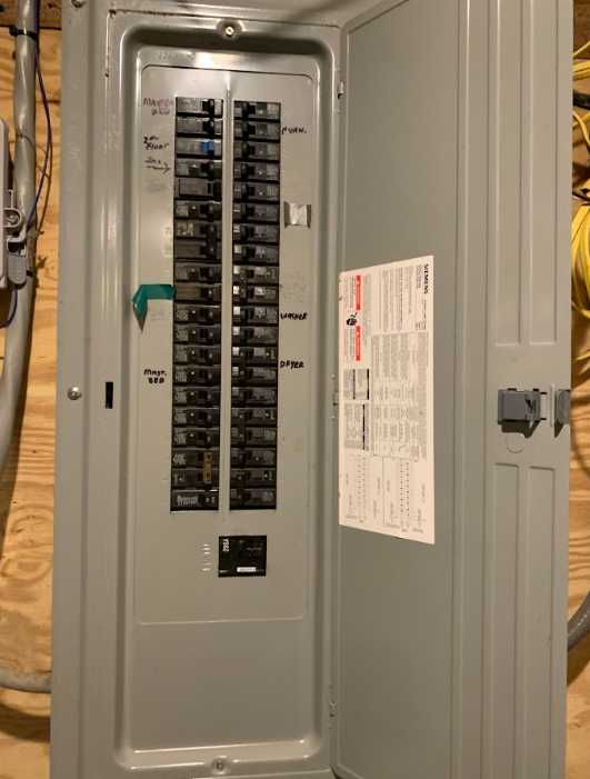 Residential electrical panel with clearly labeled breakers